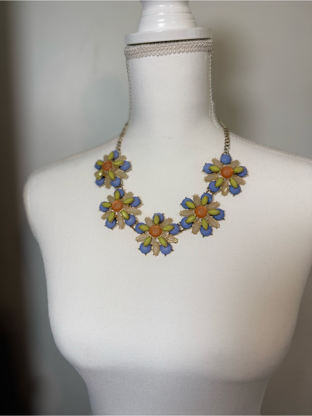 Vintage Colorful Floral Statement Necklace in Blue, Green & Orange